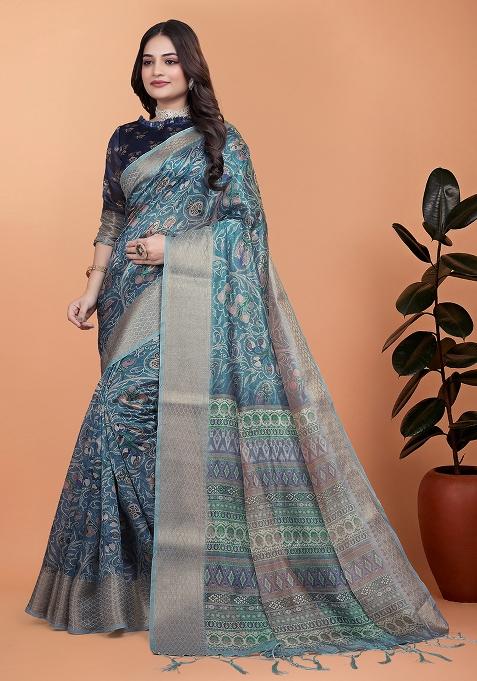 Light Blue Embroidered Silk Saree Set