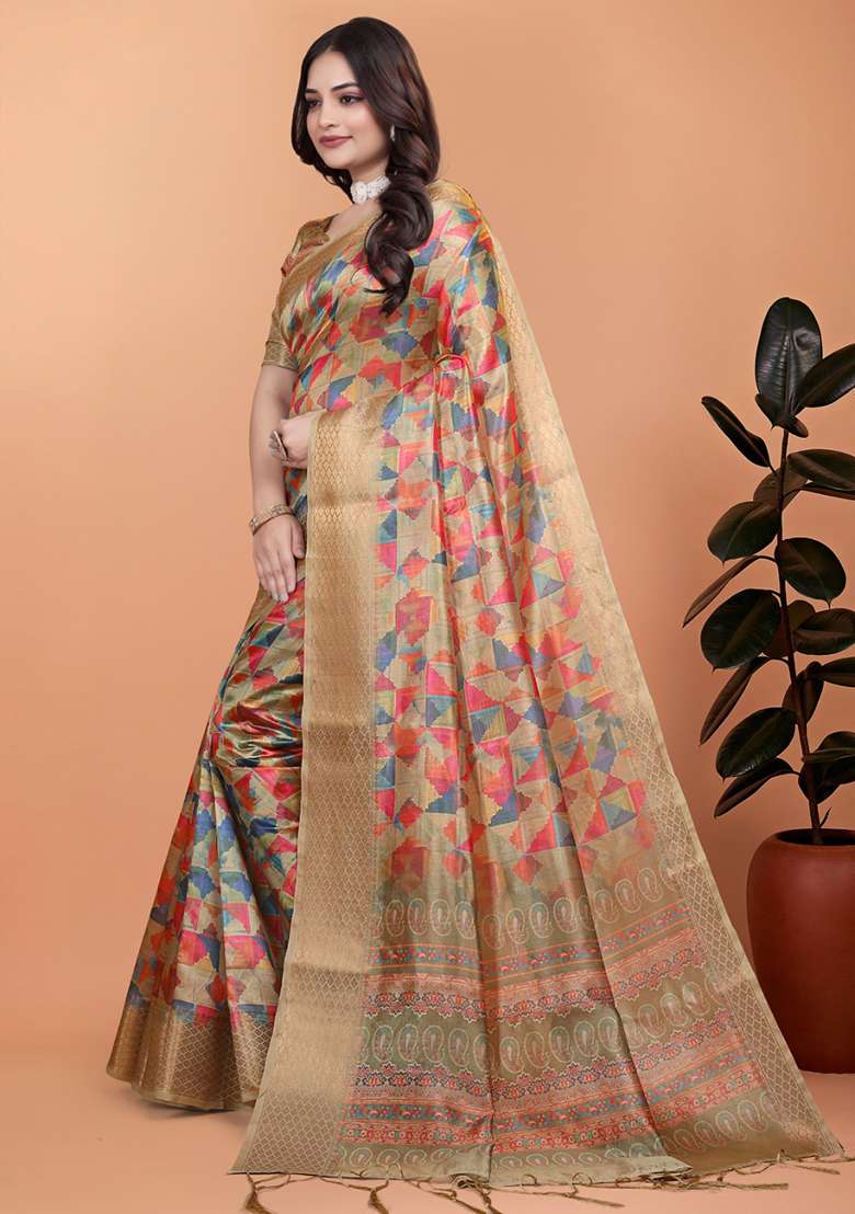 Beige Silk Blend Saree Set with Embroidered for Diwali | Wedding & Festive Wear - Indya