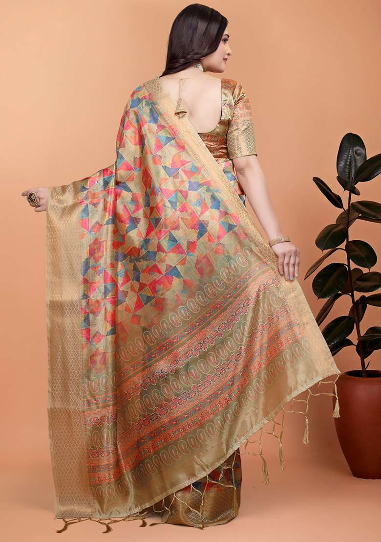 Beige Silk Blend Saree Set with Embroidered for Diwali | Wedding & Festive Wear - Indya