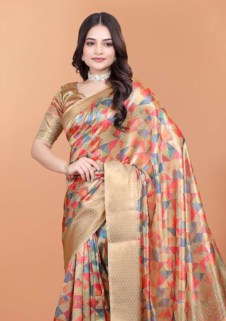 Beige Silk Blend Saree Set with Embroidered for Diwali | Wedding & Festive Wear - Indya