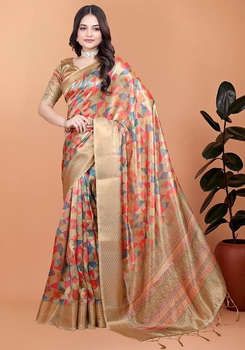 Beige Embroidered Silk Saree Set