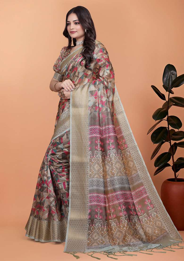 Beige Embroidered Silk Blend Saree Set for Diwali and Festive Wear - Indya
