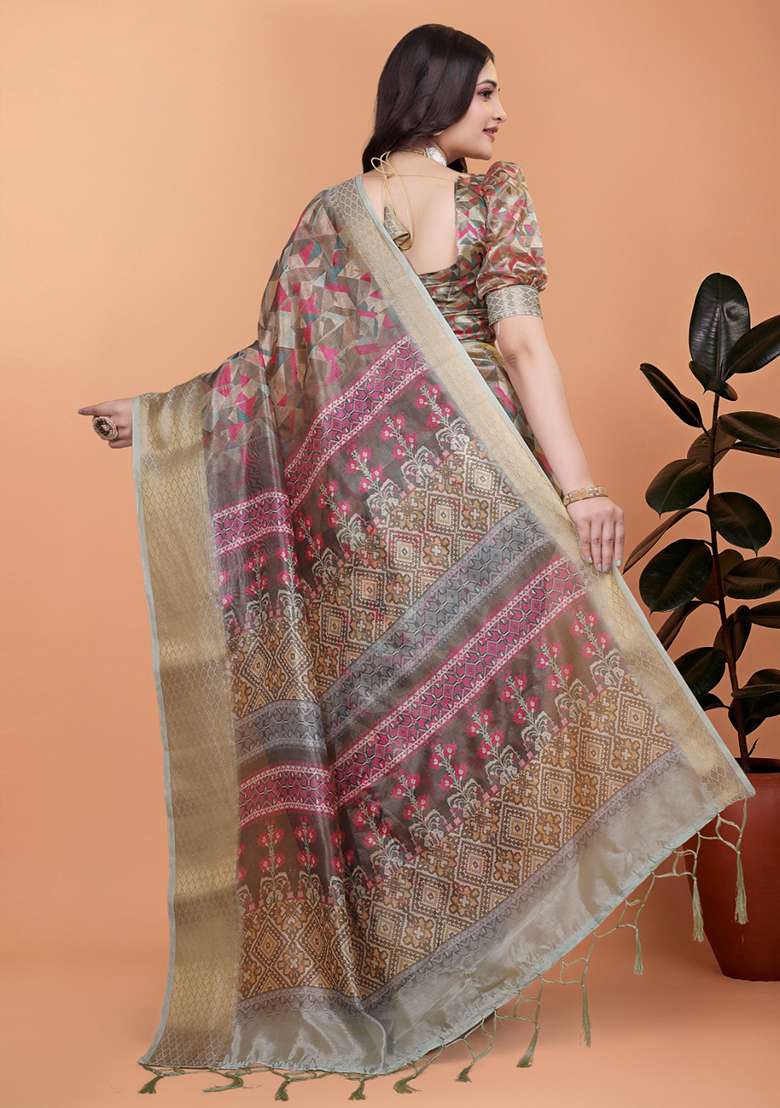 Beige Embroidered Silk Blend Saree Set for Diwali and Festive Wear - Indya