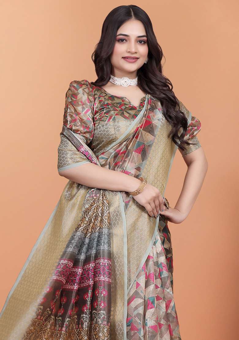 Beige Embroidered Silk Blend Saree Set for Diwali and Festive Wear - Indya