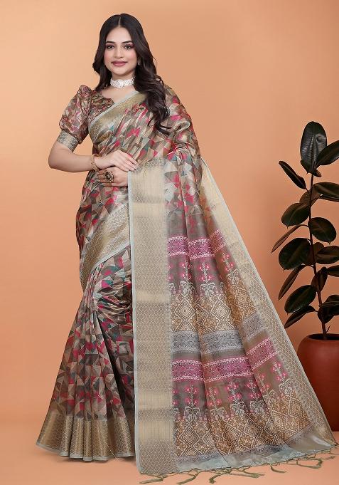 Beige Embroidered Silk Saree Set