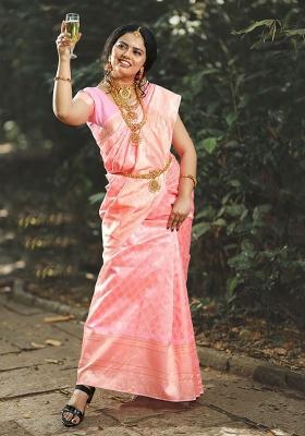 Pink Embroidered Silk Saree Set