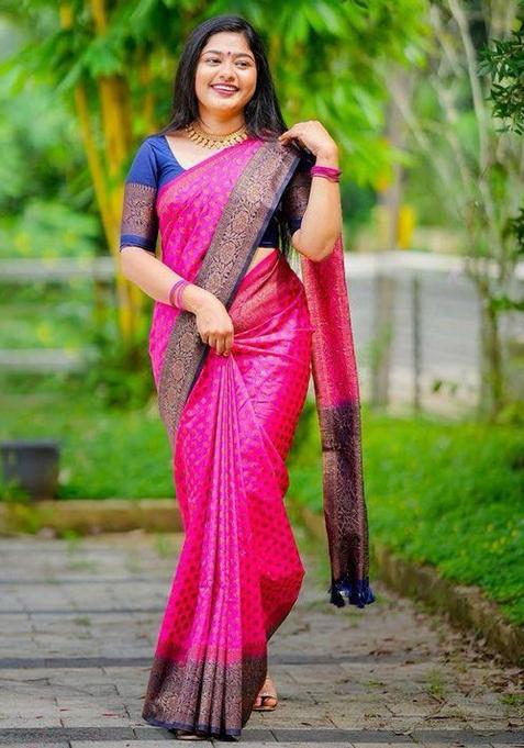 Pink Embroidered Silk Saree Set