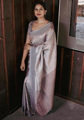 Grey Embroidered Silk Saree Set