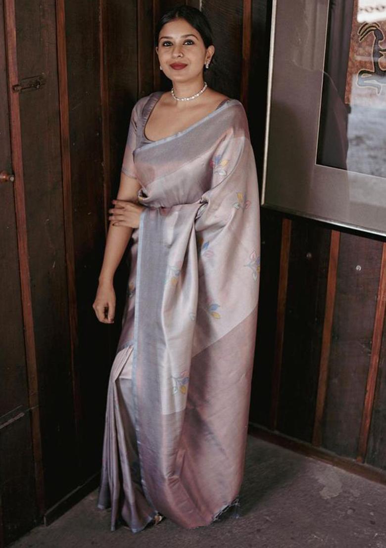 Grey Embroidered Silk Saree Set