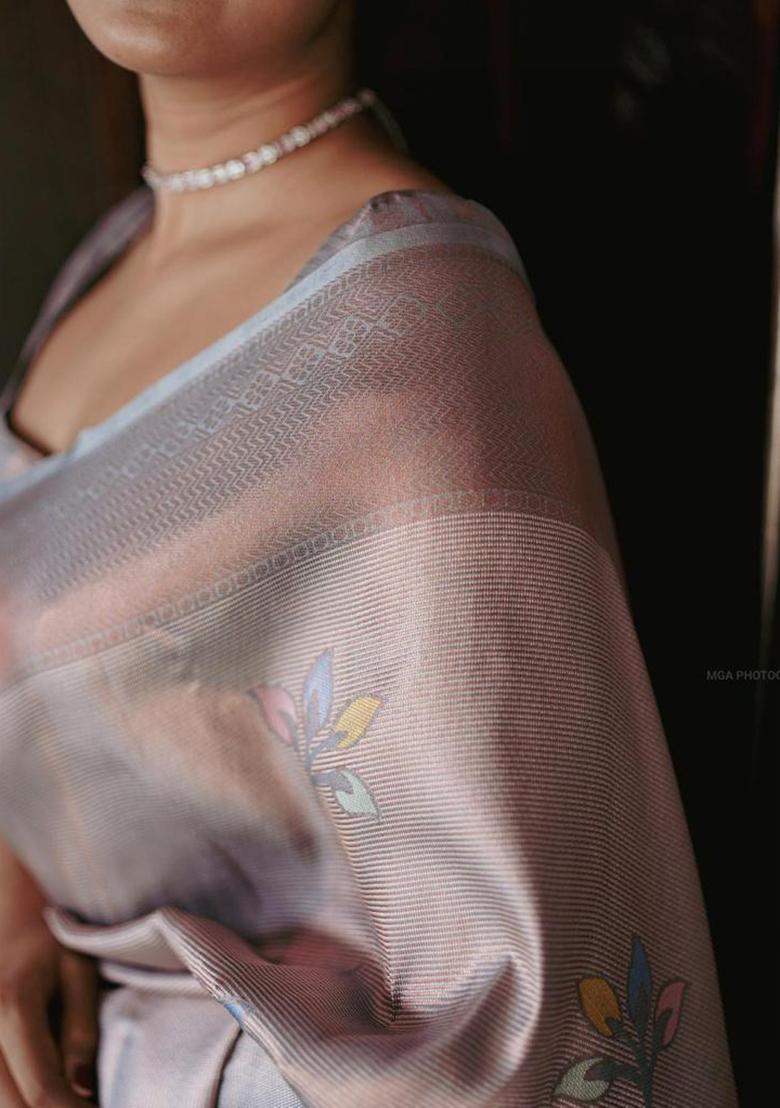 Grey Embroidered Silk Saree Set