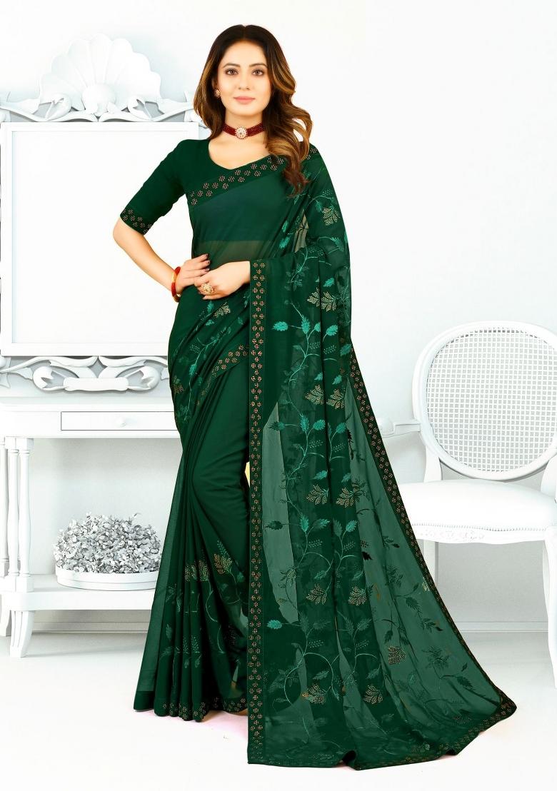Bottal Green Embroidered Georgette Saree Set