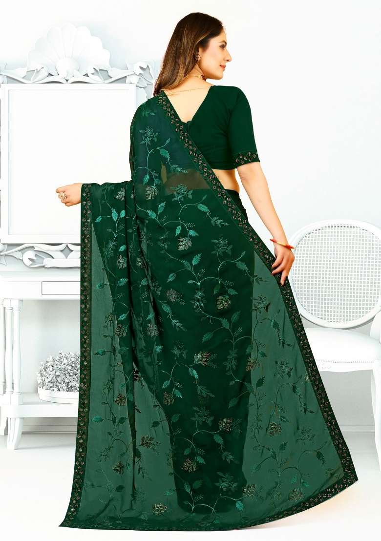 Bottal Green Embroidered Georgette Saree Set for Diwali and Festive Wear - Indya