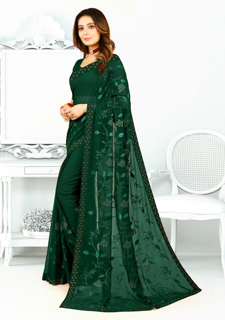 Bottal Green Embroidered Georgette Saree Set