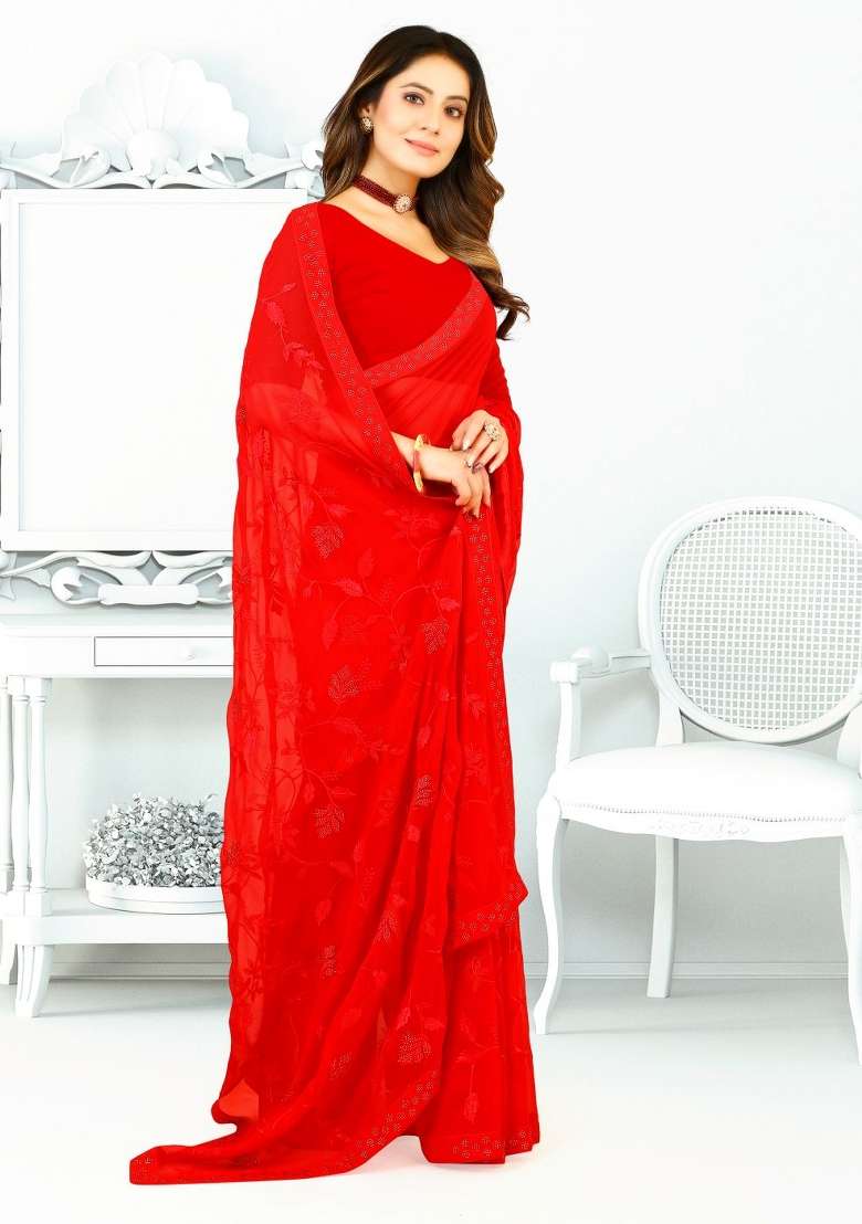 Red Georgette Saree Set with Embroidered for Diwali | Wedding & Festive Wear - Indya