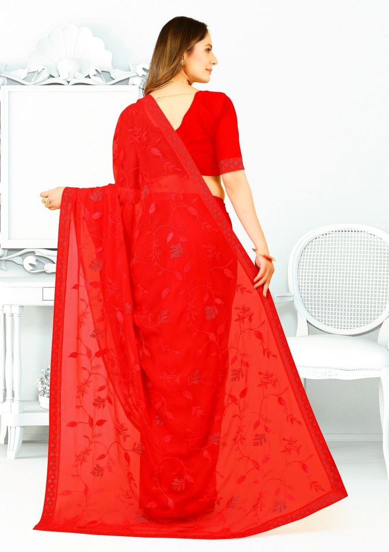 Red Embroidered Georgette Saree Set