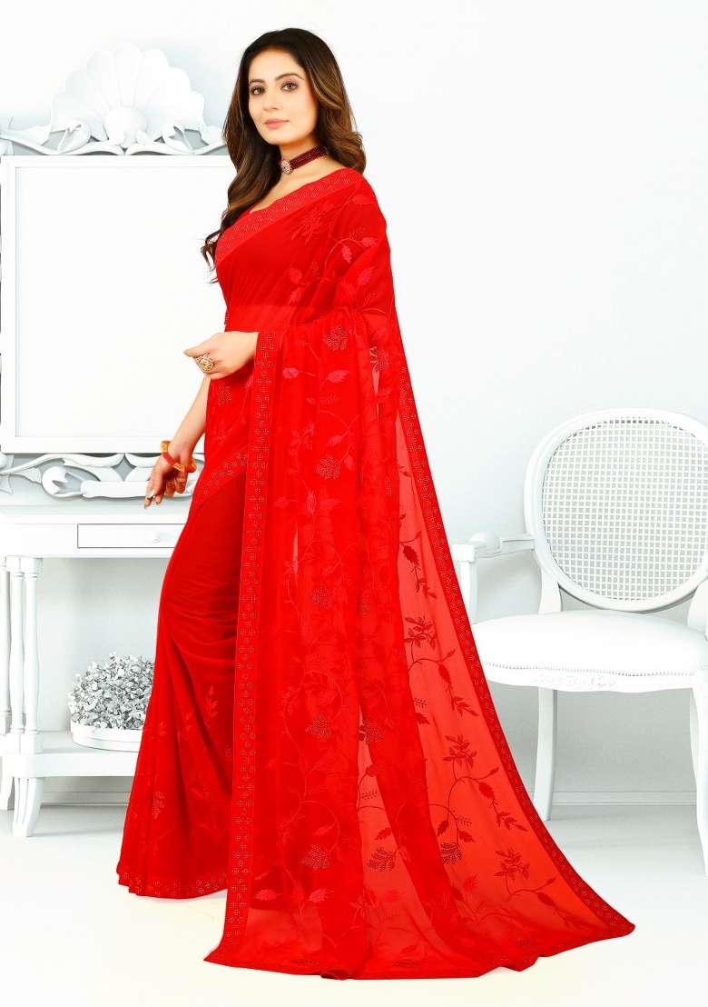 Red Georgette Saree Set with Embroidered for Diwali | Wedding & Festive Wear - Indya