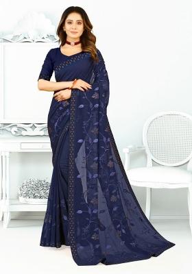 Navy Blue Embroidered Georgette Saree Set