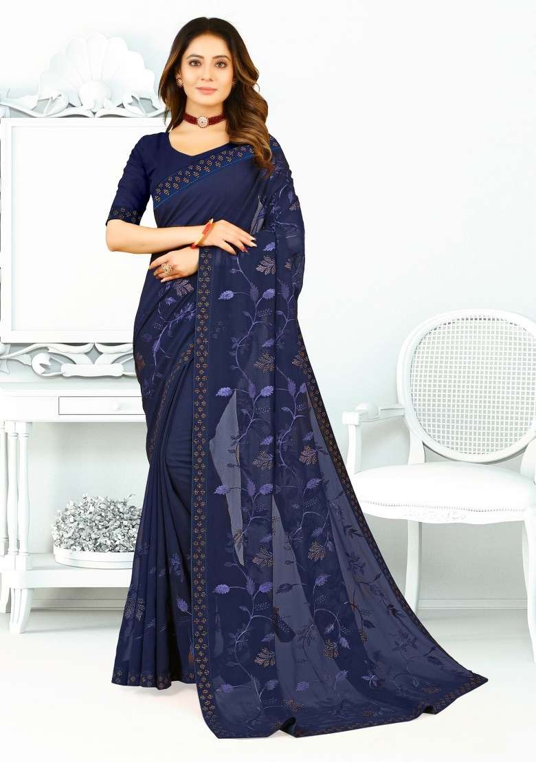 Navy Blue Georgette Saree Set with Embroidered for Diwali | Wedding & Festive Wear - Indya
