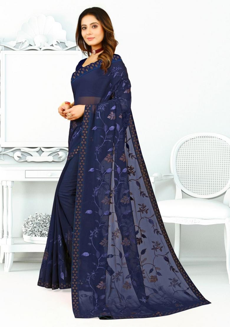 Navy Blue Embroidered Georgette Saree Set