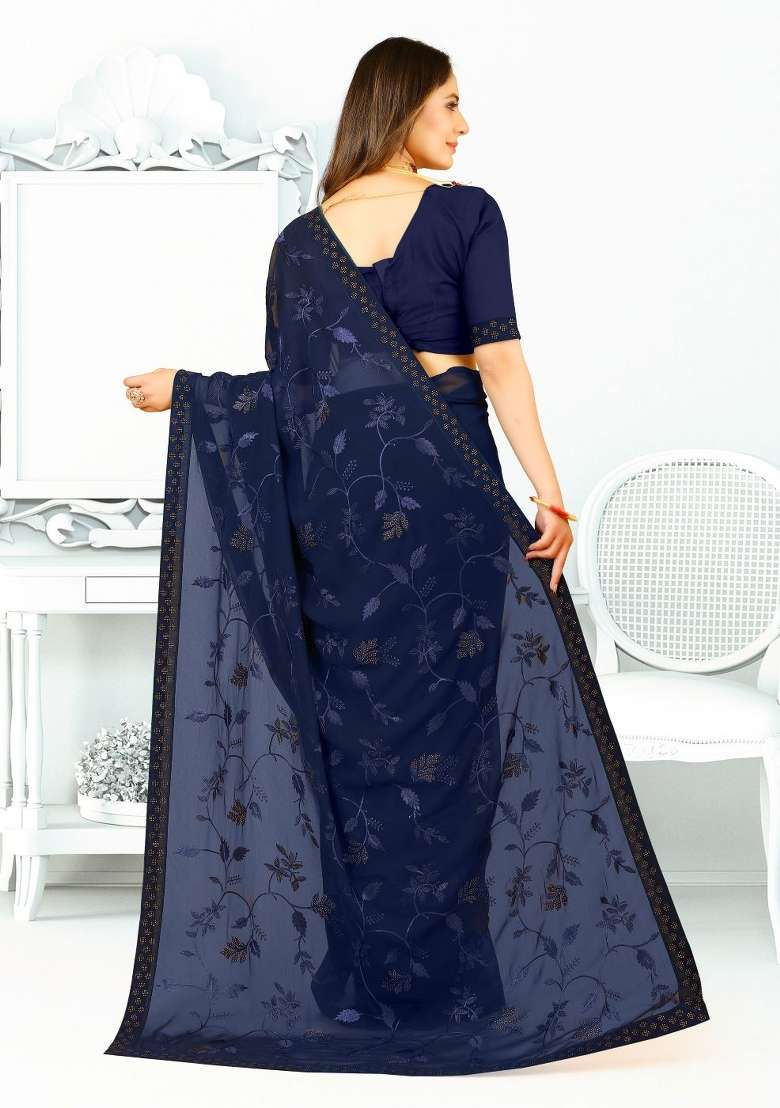 Navy Blue Georgette Saree Set with Embroidered for Diwali | Wedding & Festive Wear - Indya