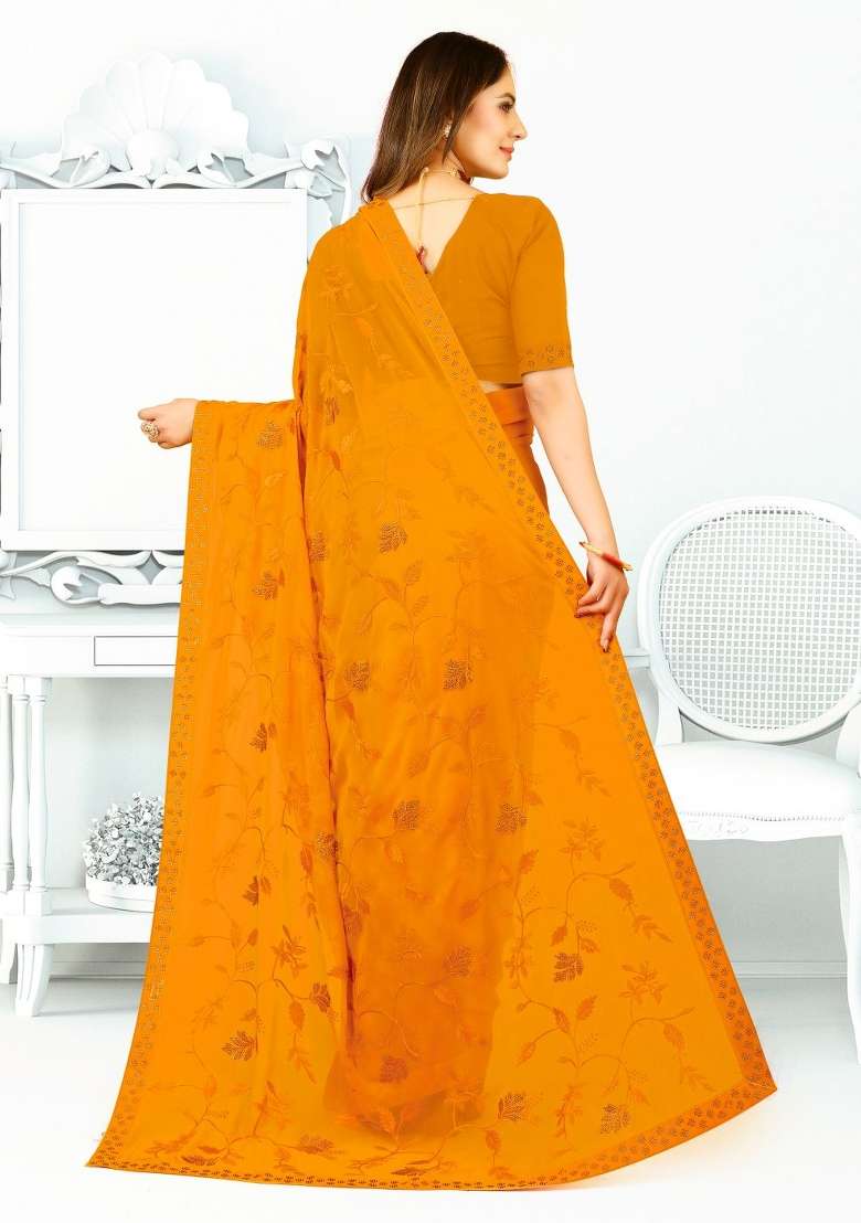 Mustard Yellow Georgette Saree Set with Embroidered for Diwali | Wedding & Festive Wear - Indya