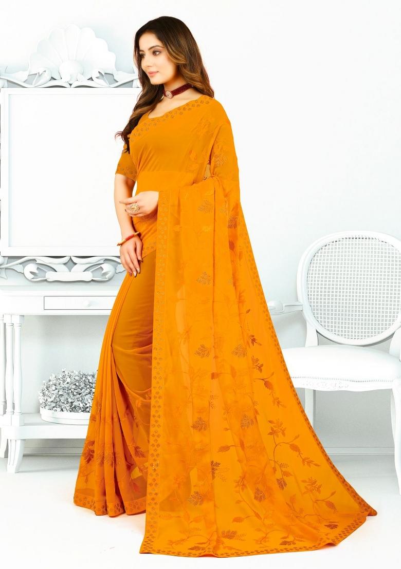 Mustard Yellow Embroidered Georgette Saree Set