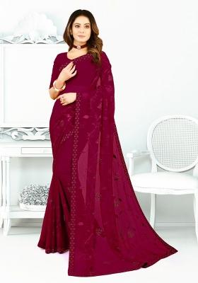 Wine Embroidered Georgette Saree Set
