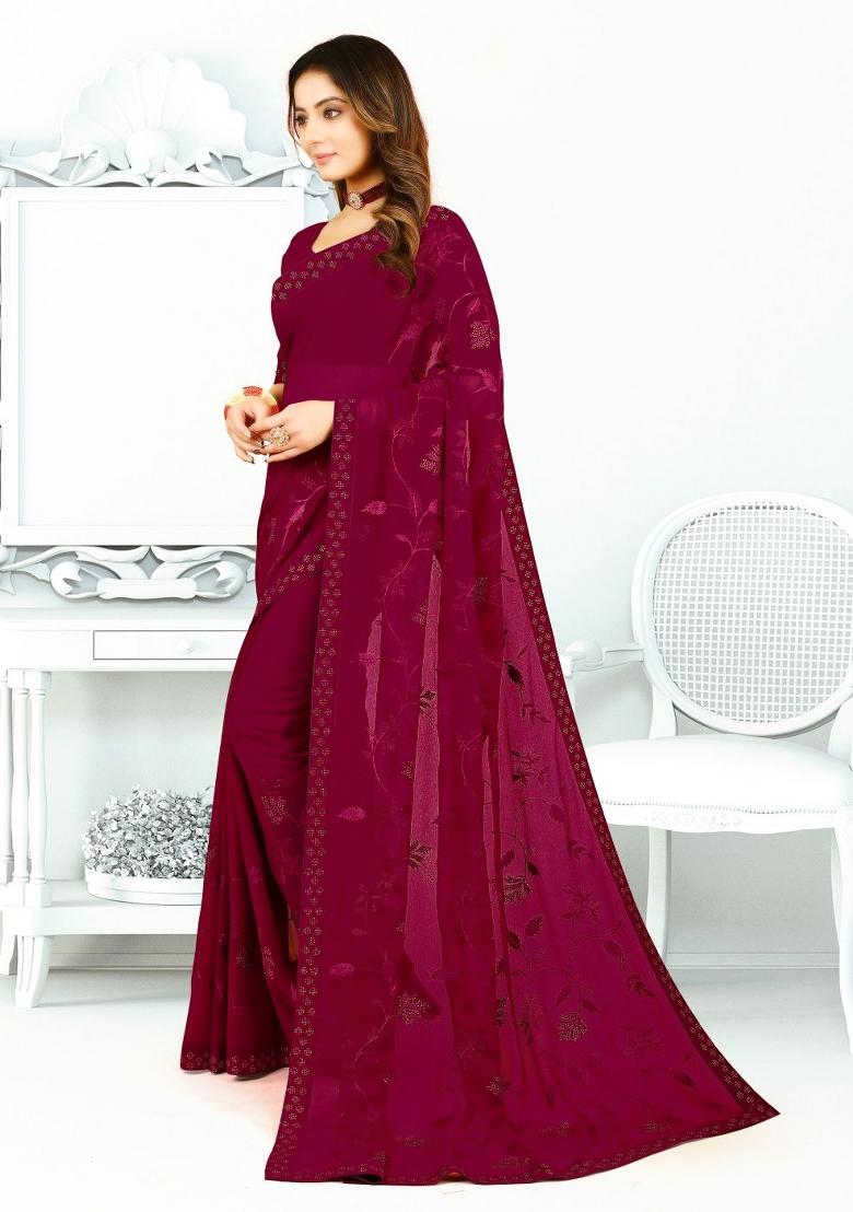 Wine Embroidered Georgette Saree Set