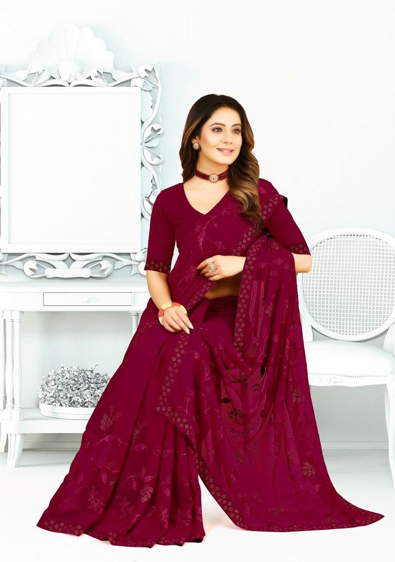 Wine Embroidered Georgette Saree Set