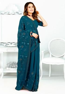 More Peach Blue Embroidered Georgette Saree Set