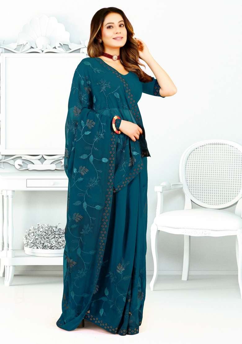 More Peach Blue Georgette Saree Set with Embroidered for Diwali | Wedding & Festive Wear - Indya