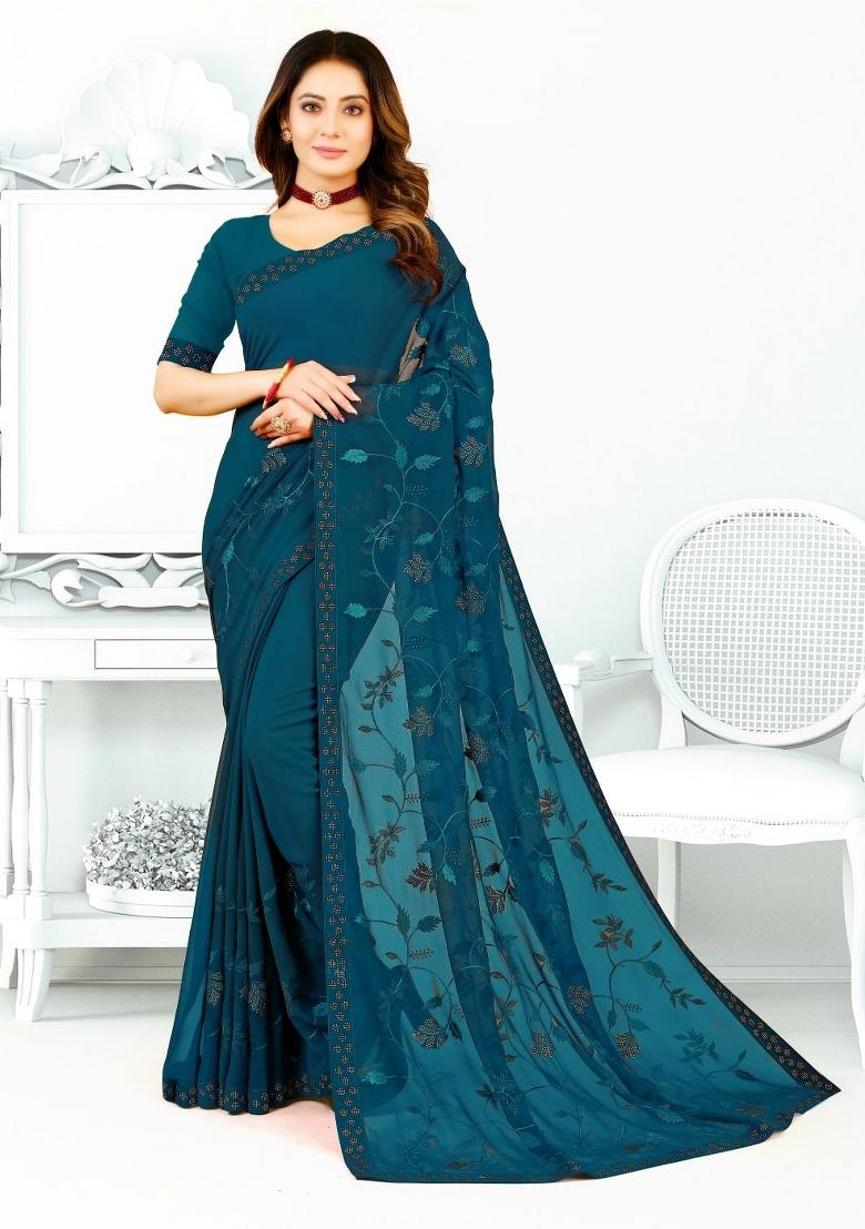 More Peach Blue Embroidered Georgette Saree Set