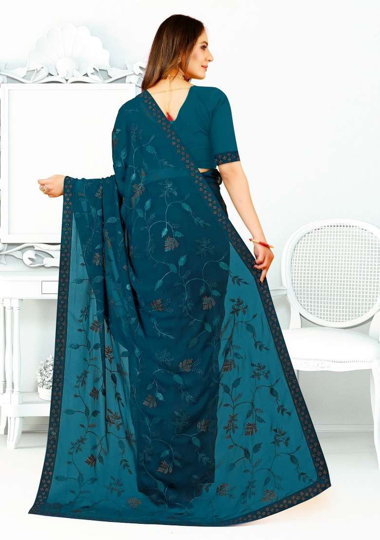 More Peach Blue Georgette Saree Set with Embroidered for Diwali | Wedding & Festive Wear - Indya