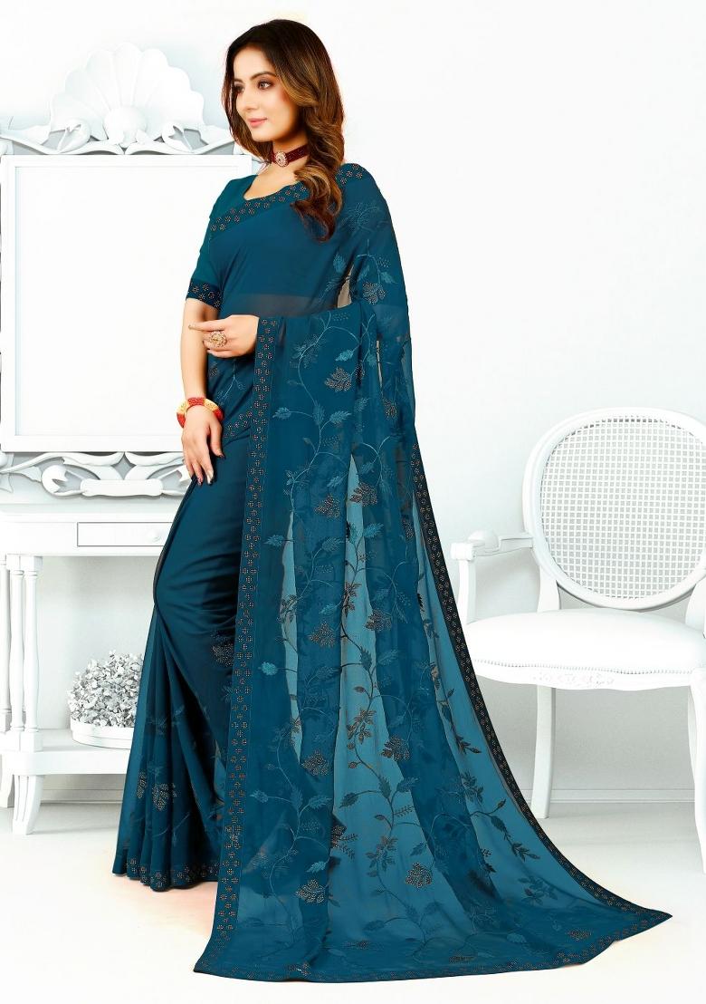More Peach Blue Embroidered Georgette Saree Set