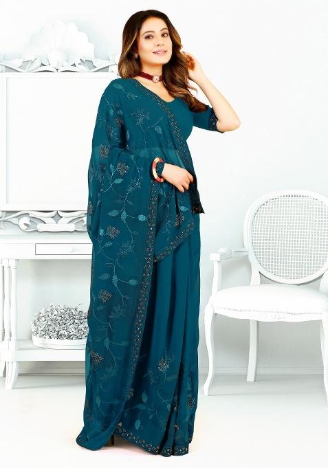 More Peach Blue Embroidered Georgette Saree Set