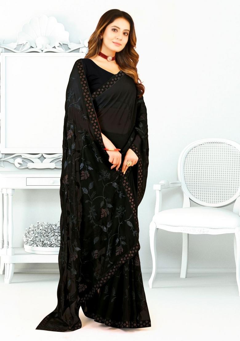 Black Embroidered Georgette Saree Set