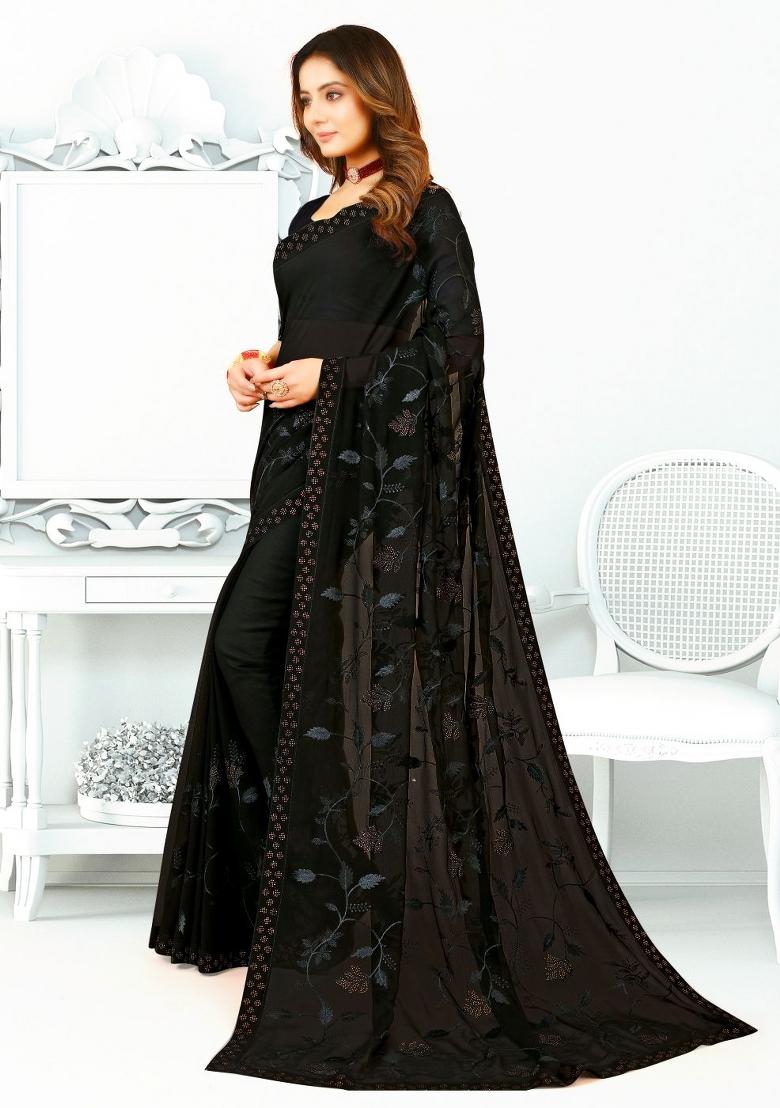 Black Embroidered Georgette Saree Set
