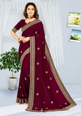 Wine Embroidered Vichitra Silk Saree Set
