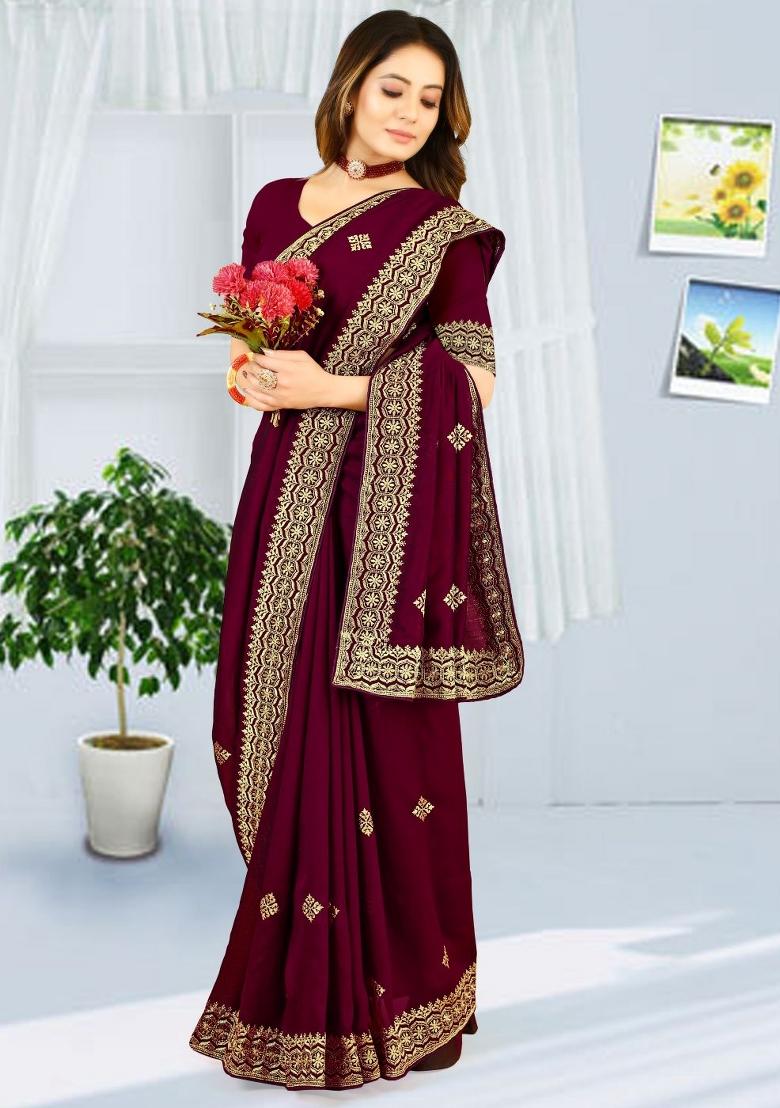 Wine Embroidered Vichitra Silk Saree Set