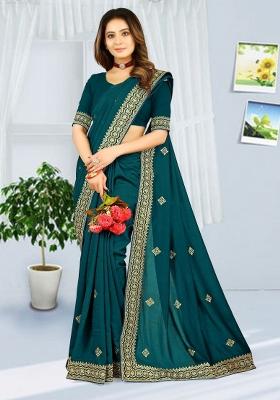 More Peach Blue Embroidered Vichitra Silk Saree Set