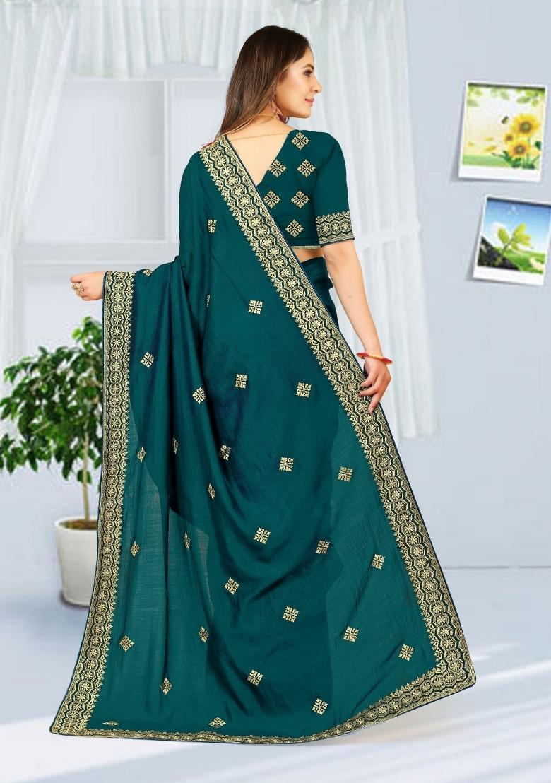 More Peach Blue Embroidered Vichitra Silk Saree Set