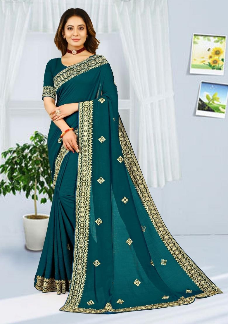 More Peach Blue Embroidered Vichitra Silk Saree Set