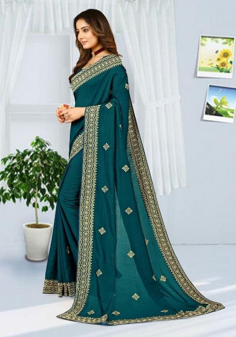 More Peach Blue Embroidered Vichitra Silk Saree Set