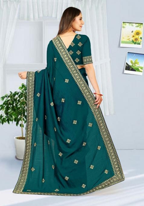 More Peach Blue Embroidered Vichitra Silk Saree Set