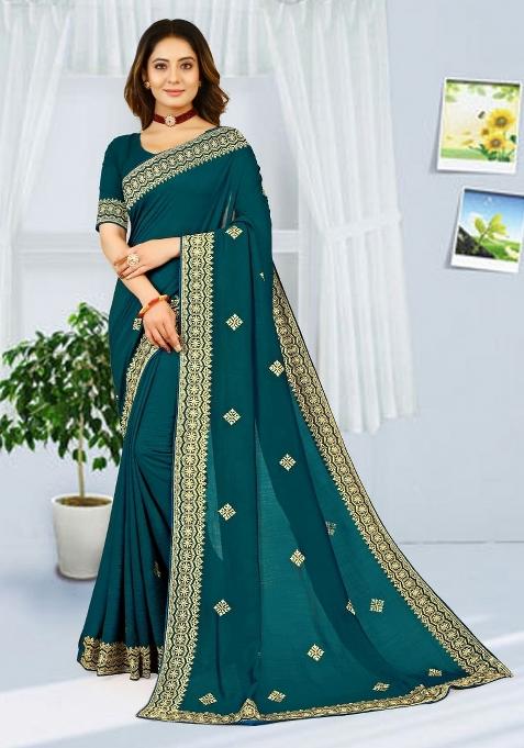More Peach Blue Embroidered Vichitra Silk Saree Set