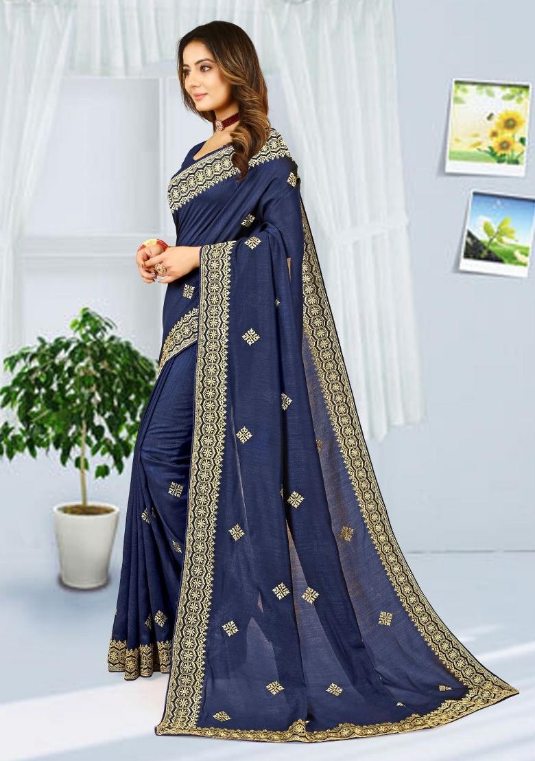 Navy Blue Embroidered Vichitra Silk Saree Set