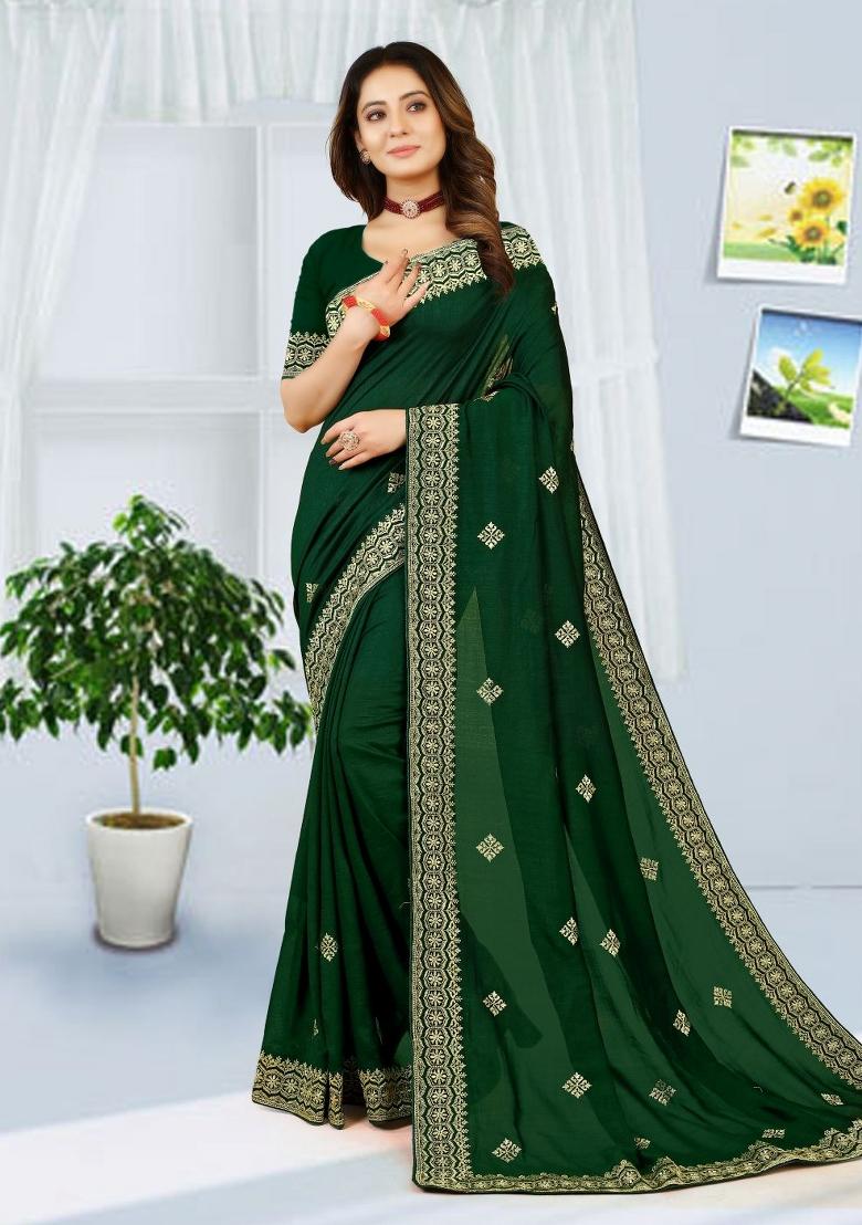 Bottal Green Embroidered Vichitra Silk Saree Set
