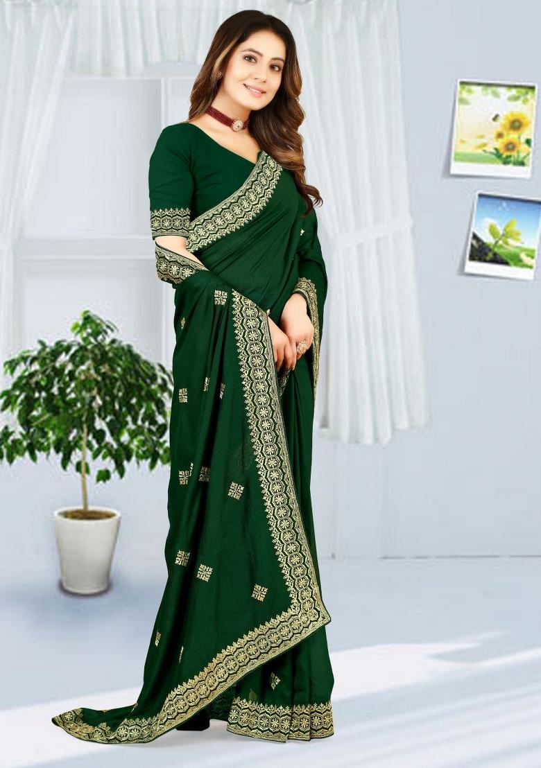Bottal Green Embroidered Vichitra Silk Saree Set