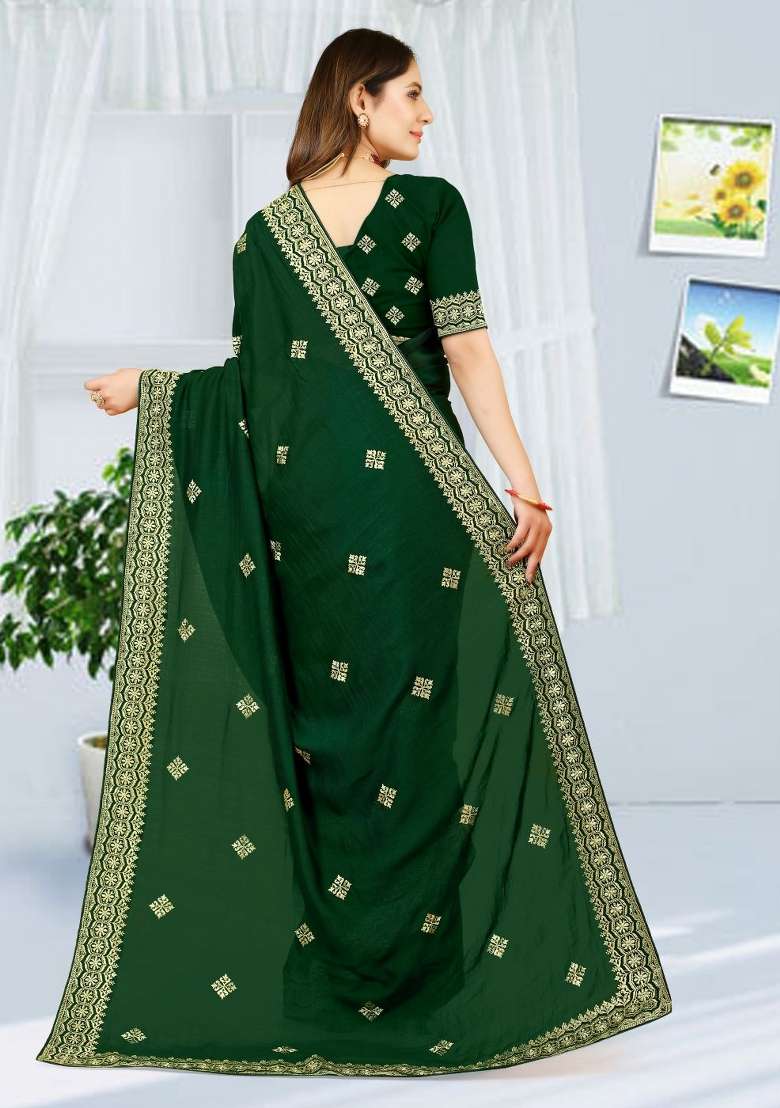 Bottal Green Vichitra Silk Saree Set with Embroidered for Diwali | Wedding & Festive Wear - Indya