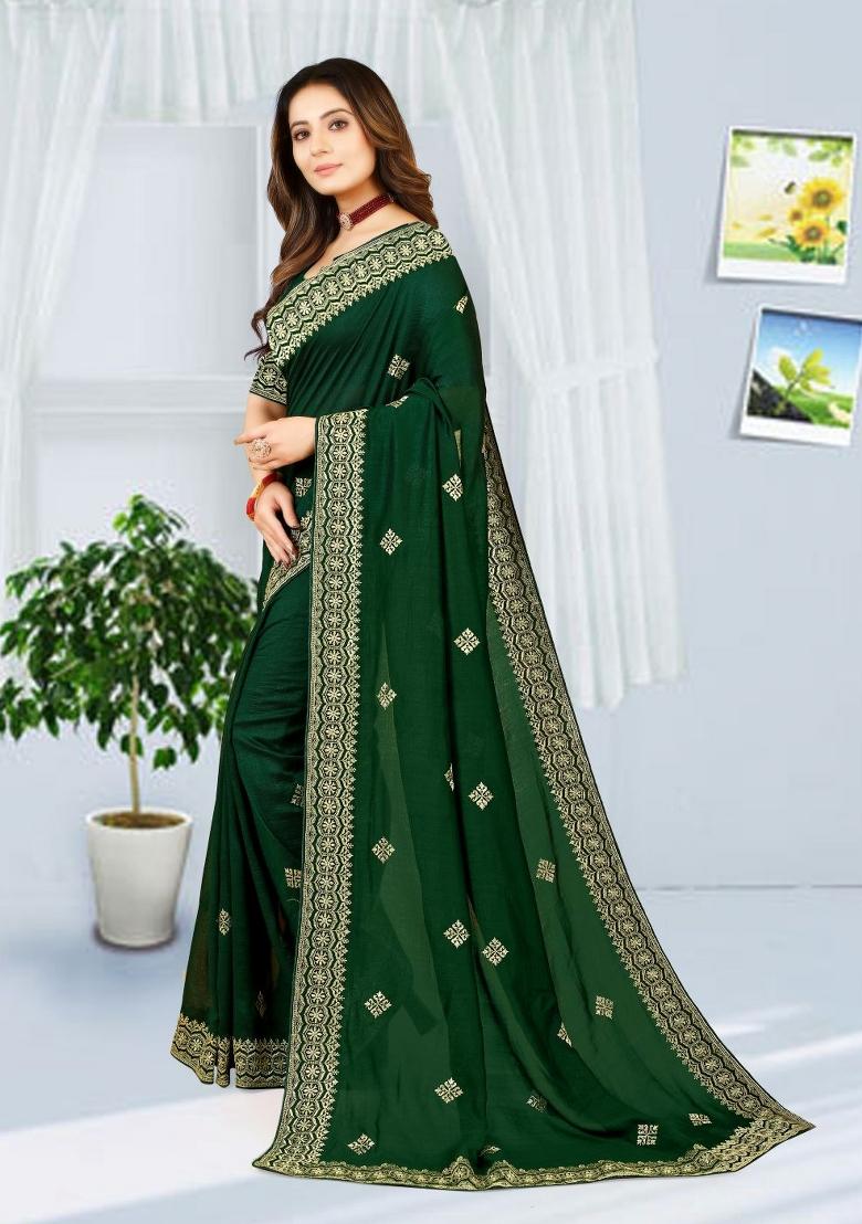 Bottal Green Embroidered Vichitra Silk Saree Set